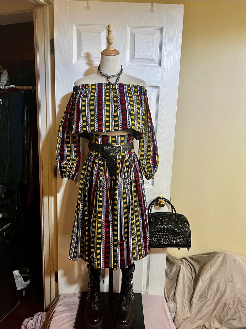 Nuzio Russo Bespoke Batik Geometric Print Pleated Crop Top Skirt 2 Pc Boho Set M